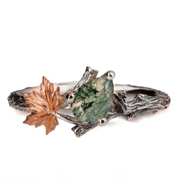 Twig and Maple Leaf Engagement Ring Platinum and Moss Agate Catalogue