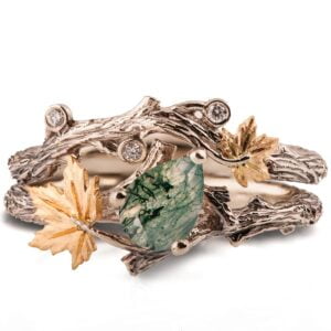 Twig and Maple Leaf Bridal set Yellow Gold and Moss Agate Catalogue