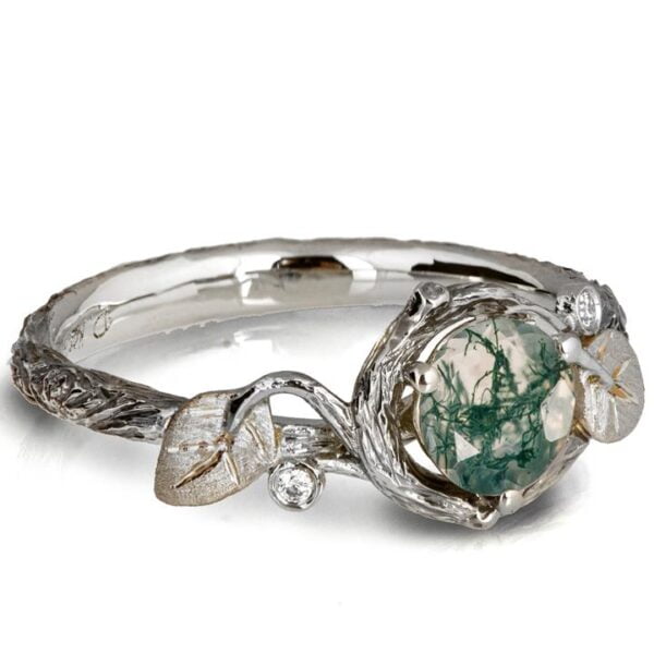 Moss Agate Twig and Leaves Engagement Ring White Gold Catalogue