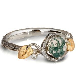Moss Agate Twig and Leaves Engagement Ring Yellow Gold Catalogue