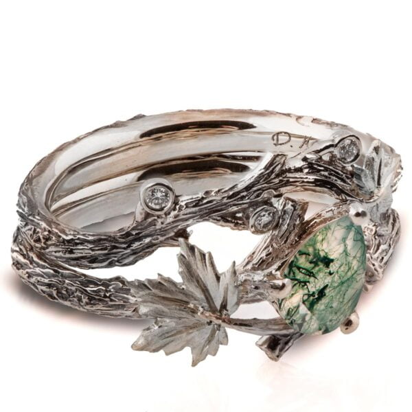 Twig and Maple Leaf Bridal Set White Gold and Moss Agate Catalogue