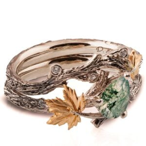 Twig and Maple Leaf Bridal set Yellow Gold and Moss Agate Catalogue