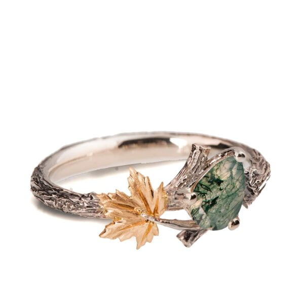 Twig and Maple Leaf Engagement Ring Yellow Gold and Moss Agate Catalogue