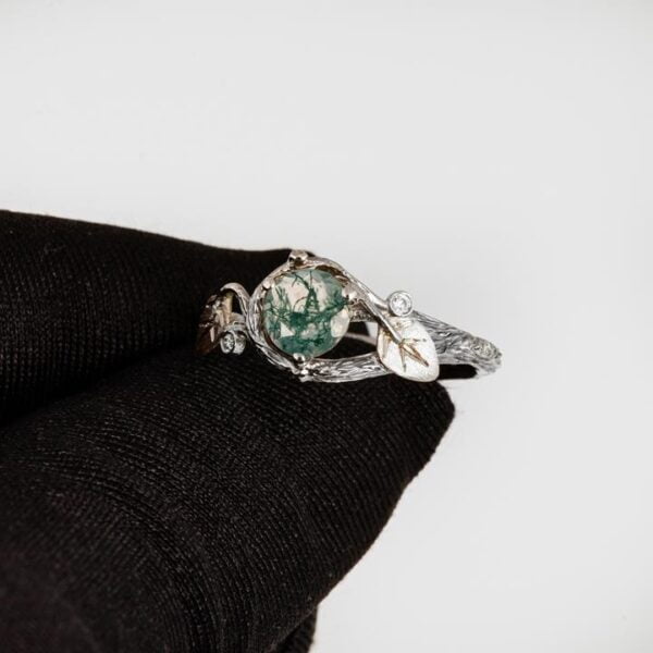 Moss Agate Twig and Leaves Engagement Ring White Gold Catalogue