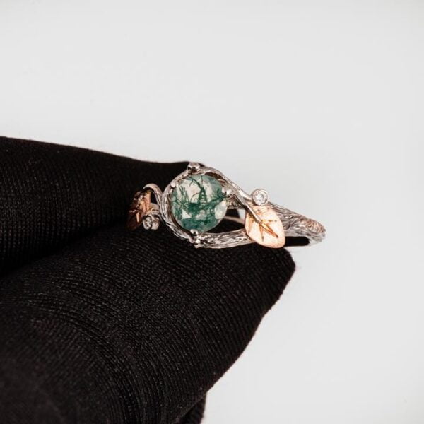 Moss Agate Twig and Leaves Engagement Ring Rose Gold Catalogue