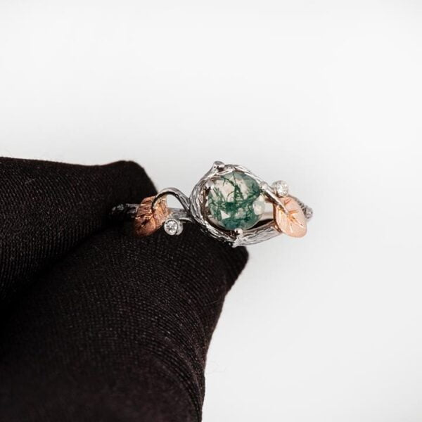Moss Agate Twig and Leaves Engagement Ring Platinum Catalogue