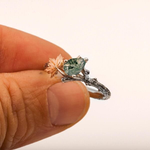 Twig and Maple Leaf Engagement Ring Platinum and Moss Agate Catalogue