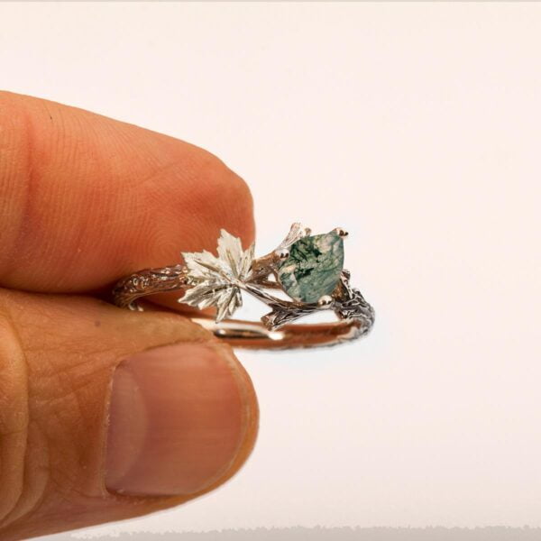 Twig and Maple Leaf Engagement Ring White Gold and Moss Agate Catalogue