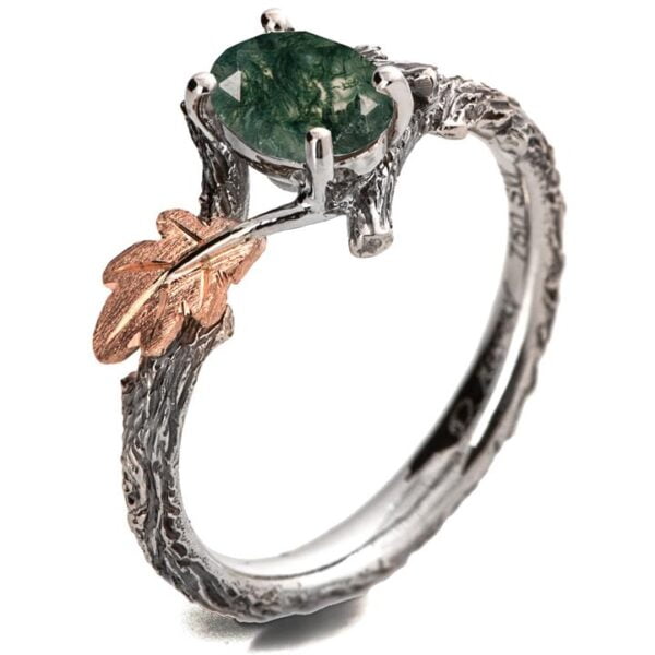 Oak Leaf Green Moss Agate Engagement Ring Platinum and Rose Gold Catalogue