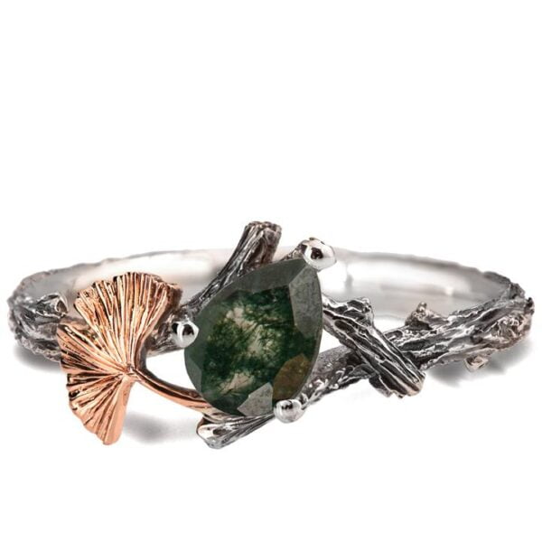 Twig and Ginkgo Leaf Engagement Ring Platinum and Moss Agate Catalogue