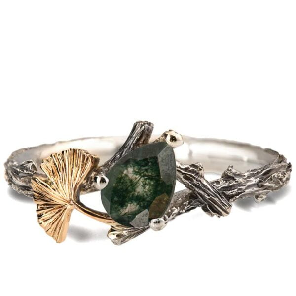 Twig and Ginkgo Leaf Engagement Ring Yellow Gold and Moss Agate Catalogue