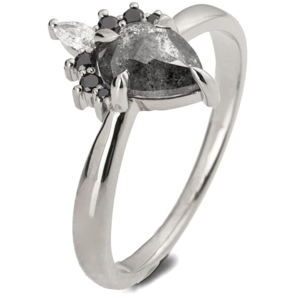 Platinum Salt and Pepper Pear Diamond Semi Halo Crown Engagement Ring Catalogue