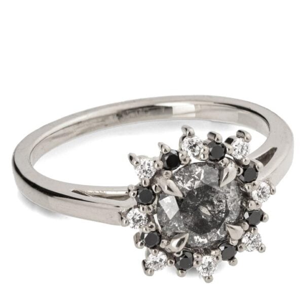 Platinum Alternating Black and White Diamond Halo Salt and Pepper Diamond Engagement Ring Catalogue