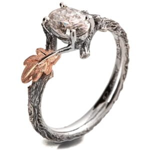 Platinum and Rose Gold Twig and Oak Leaf Engagement Ring Set With Oval Moissanite Catalogue