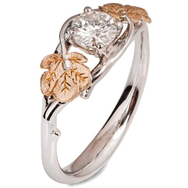 Twig and Fig Leaves Engagement Platinum and Rose Gold and Moissanite Catalogue