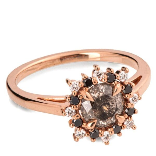 Rose Gold Alternating Black and White Diamond Halo Salt and Pepper Diamond Engagement Ring Catalogue