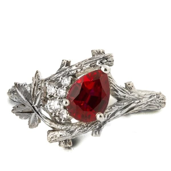 Maple Leaf Ruby and Diamonds Cluster Engagement Ring White Gold Catalogue