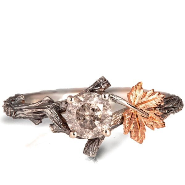 Twig and Maple Leaf Engagement Ring Rose Gold and Rustic Salt & Pepper Diamond Catalogue