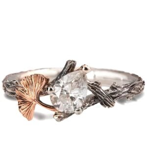 Twig and Ginkgo Leaf Engagement Ring Rose Gold and Moissanite Catalogue