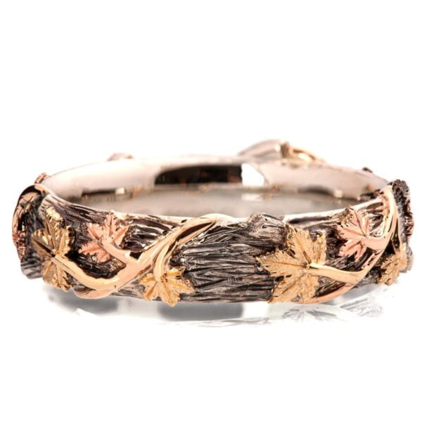 Twig and Maple Leaves Wedding Band in White, Yellow and Rose Gold Catalogue