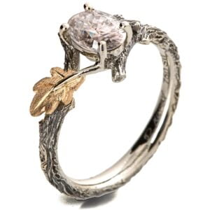 Twig and Oak Leaf Engagement Ring Yellow Gold and Oval Moissanite Catalogue
