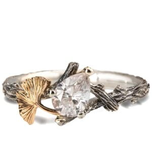 Twig and Ginkgo Leaf Engagement Ring Yellow Gold and Moissanite Catalogue