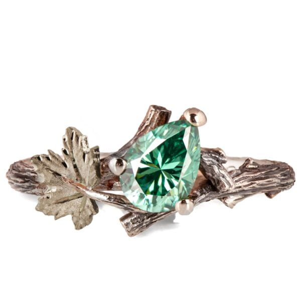 Twig and Maple Leaf Engagement Ring White Gold and Green Moissanite Catalogue