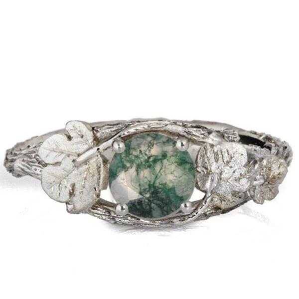 Moss Agate Twig and Fig Leaves Engagement Ring White Gold Catalogue
