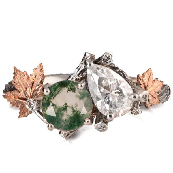 Moi et Toi Platinum Maple Leaves Engagement Ring, Green Moss-Agate and Pear Diamond Catalogue