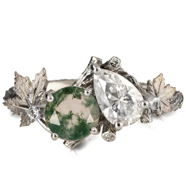 Moi et Toi White Gold Leaves Engagement Ring, Green Moss-Agate and Pear Moissanite Catalogue