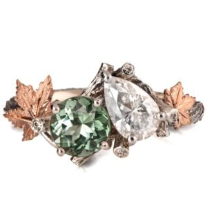 Moi et Toi Rose Gold Leaves Engagement Ring, Mint Tourmaline and Pear Moissanite Catalogue