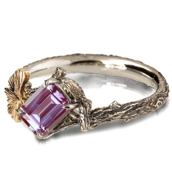 Twig and Ginkgo Leaf Engagement Ring Yellow Gold and Alexandrite Catalogue