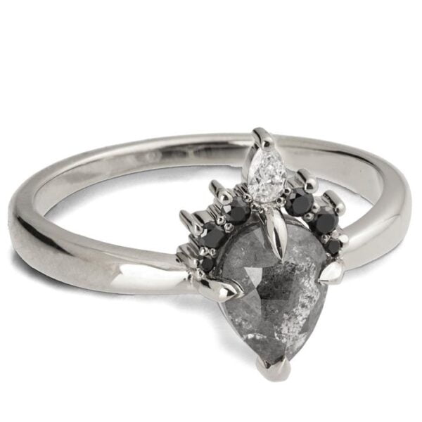 Platinum Salt and Pepper Pear Diamond Semi Halo Crown Engagement Ring Catalogue
