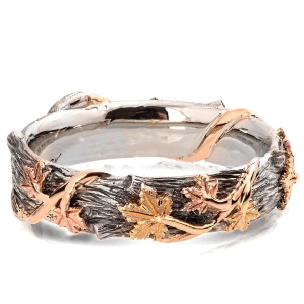 Twig and Maple Leaves Wedding Band in Platinum, Yellow and Rose Gold Catalogue