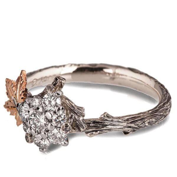 Twig and Maple Leaf Diamond Cluster Engagement Ring White and Rose Gold Catalogue