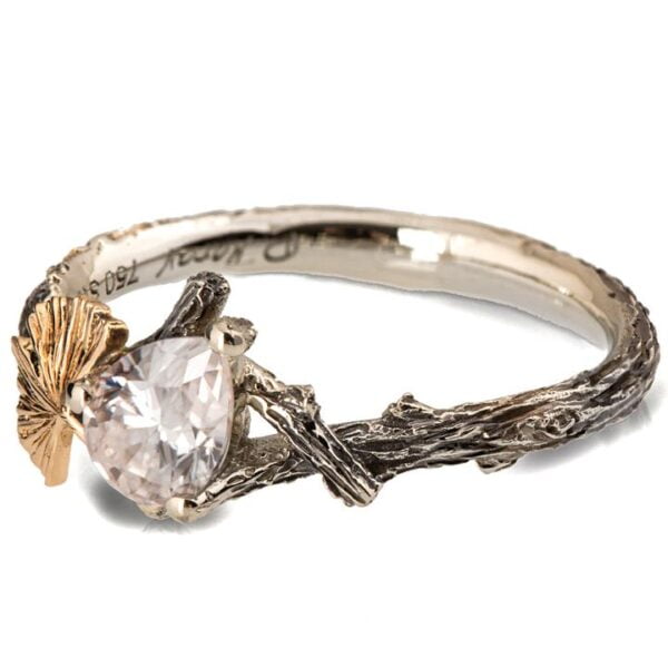 Twig and Ginkgo Leaf Engagement Ring Yellow Gold and Moissanite Catalogue