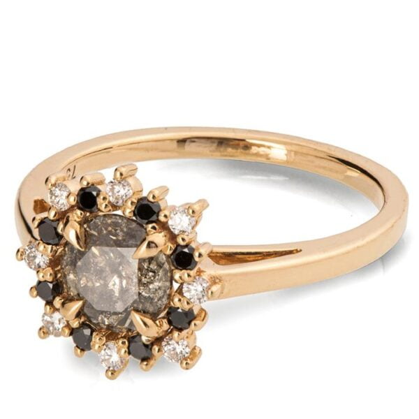 Yellow Gold Alternating Black and White Diamond Halo Salt and Pepper Diamond Engagement Ring Catalogue