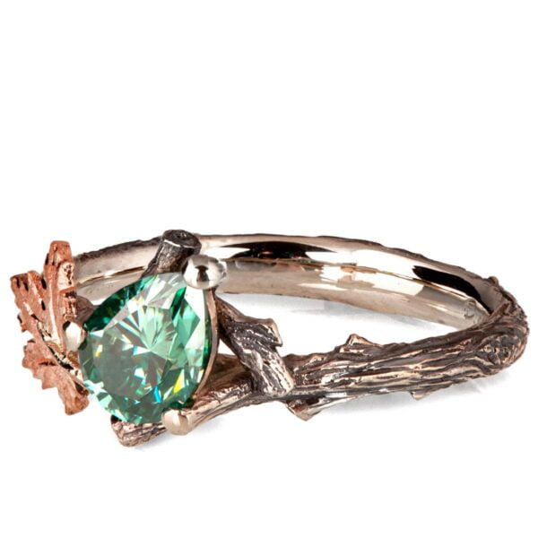 Twig and Maple Leaf Engagement Ring Rose Gold and Green Moissanite Catalogue