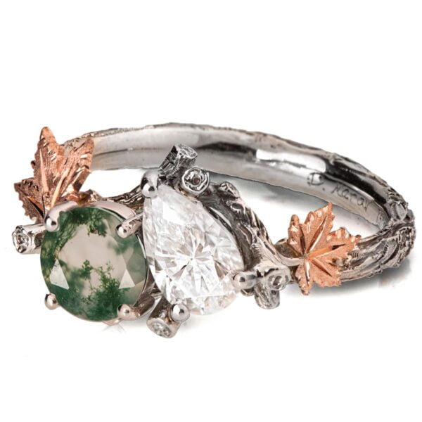 Moi et Toi Platinum Maple Leaves Engagement Ring, Green Moss-Agate and Pear Moissanite Catalogue