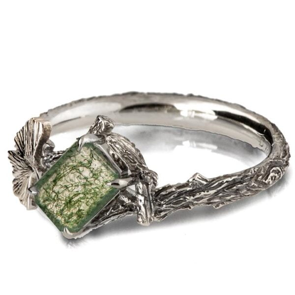 Twig and Ginkgo Leaf Engagement Ring White Gold and Moss Agate Catalogue
