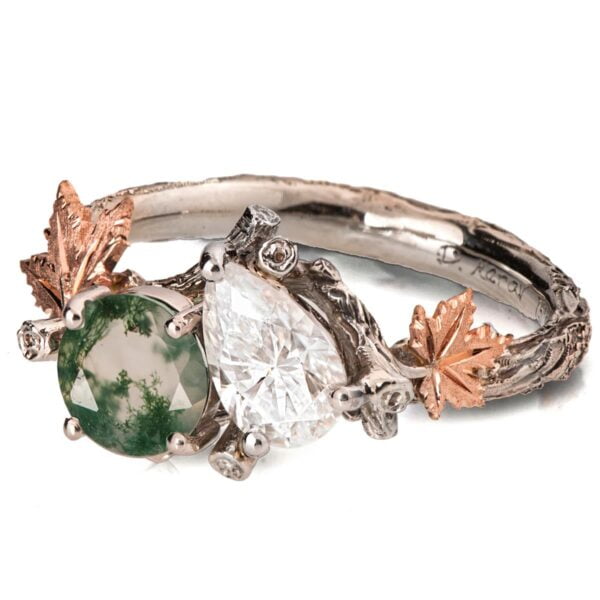 Moi et Toi Rose Gold Leaves Engagement Ring, Green Moss-Agate and Pear Moissanite Catalogue