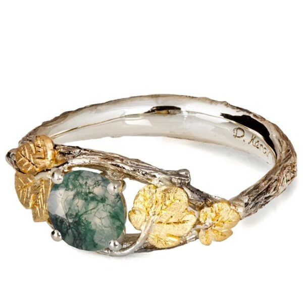 Moss Agate Twig and Fig Leaves Engagement Ring Yellow Gold Catalogue
