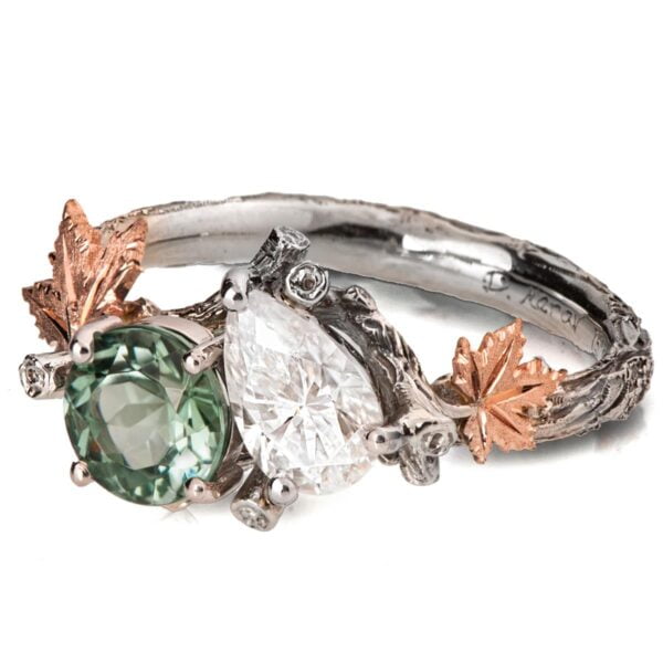 Moi et Toi Platinum Maple Leaves Engagement Ring, Mint Tourmaline and Pear Diamond Catalogue