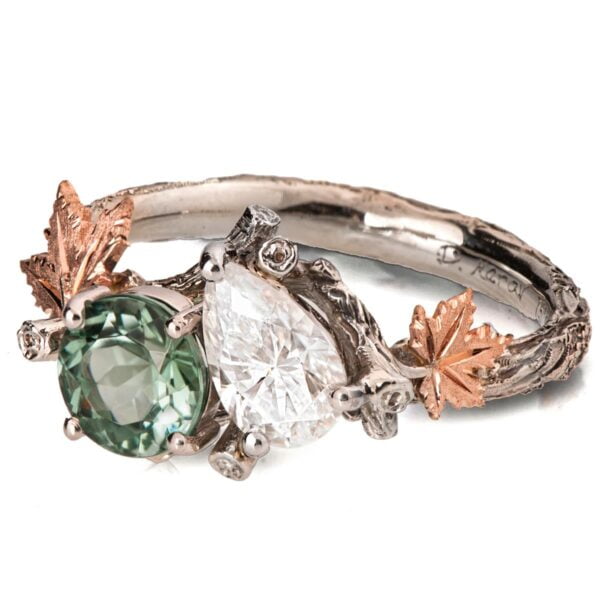 Moi et Toi Platinum Maple Leaves Engagement Ring, Mint Tourmaline and Pear Moissanite Catalogue