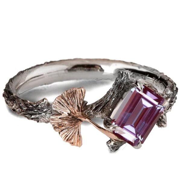 Twig and Ginkgo Leaf Engagement Ring Platinum and Alexandrite Catalogue