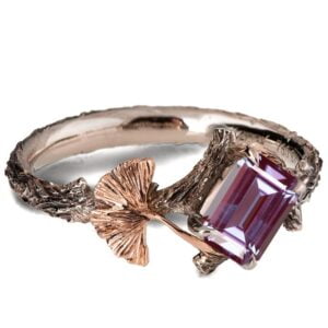 Twig and Ginkgo Leaf Engagement Ring Rose Gold and Alexandrite Catalogue