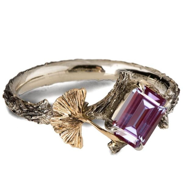 Twig and Ginkgo Leaf Engagement Ring Yellow Gold and Alexandrite Catalogue