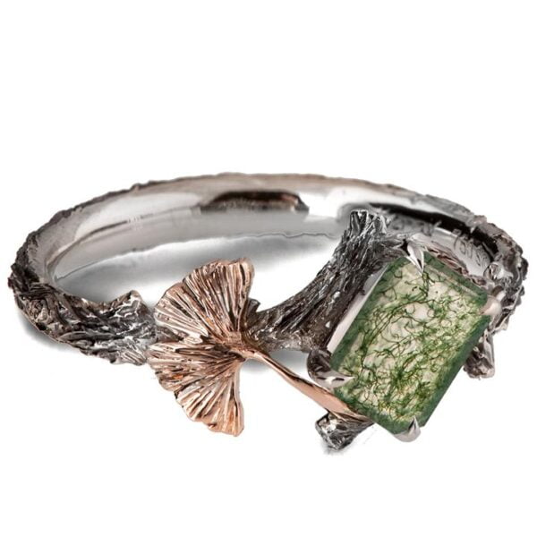 Twig and Ginkgo Leaf Engagement Ring Platinum and Moss Agate Catalogue