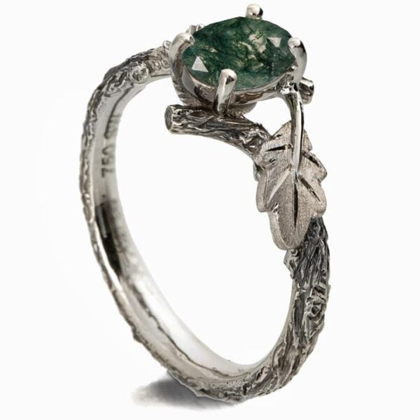 Oak Leaf Green Moss Agate Engagement Ring White Gold Catalogue