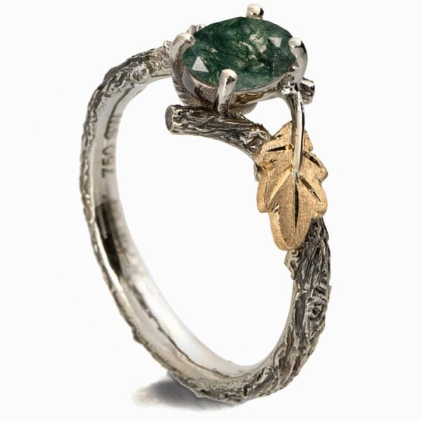 Oak Leaf Green Moss Agate Engagement Ring Yellow Gold Catalogue